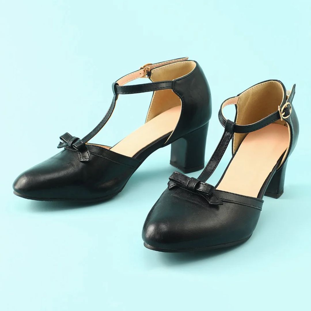 Keira Black Leather Shoes with Block Heels-3.5-State of Style