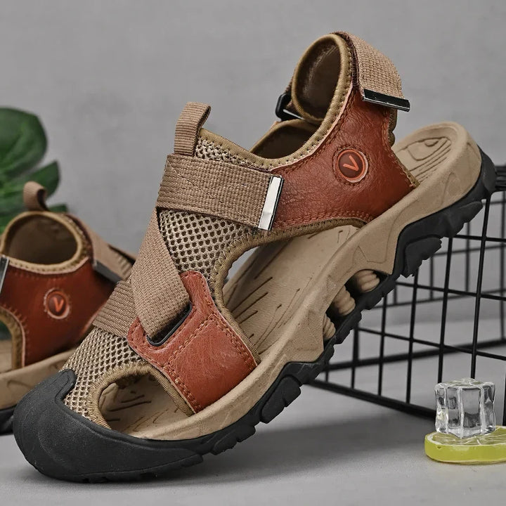 Khaki-coloured men's leather sandals in Roman style for summer and leisure – Cassian-6-State of Style