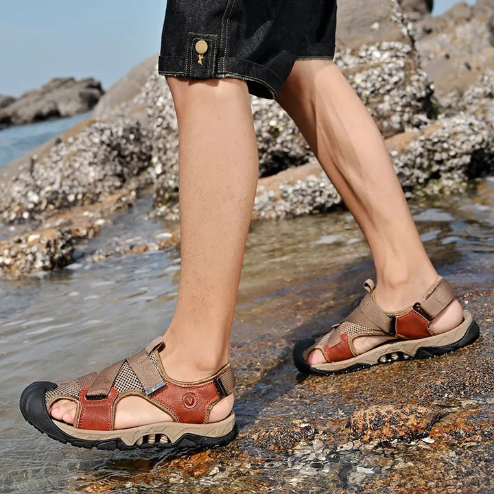 Khaki-coloured men's leather sandals in Roman style for summer and leisure – Cassian-6-State of Style