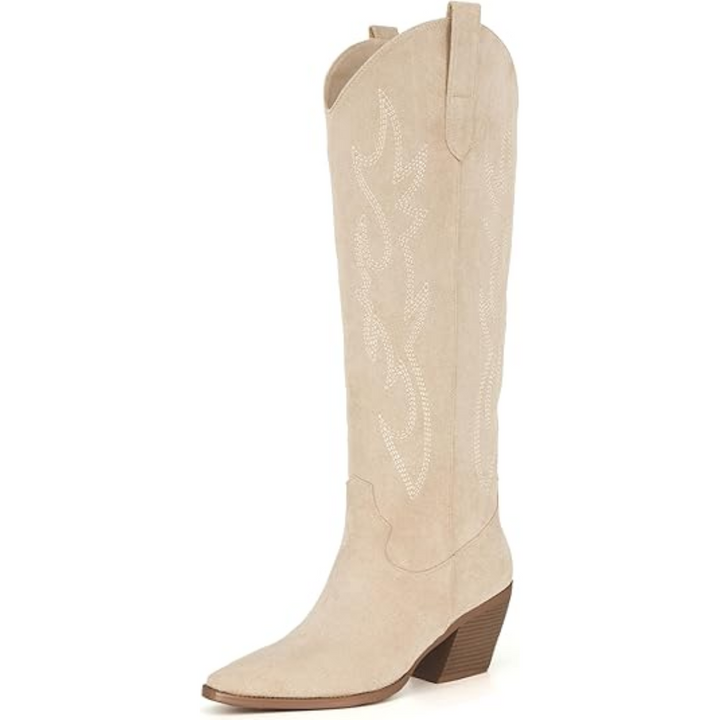 Knee-high Embroidered Suede & Faux Leather Cowboy Boots - Mary-Beige-3-3.5-State of Style