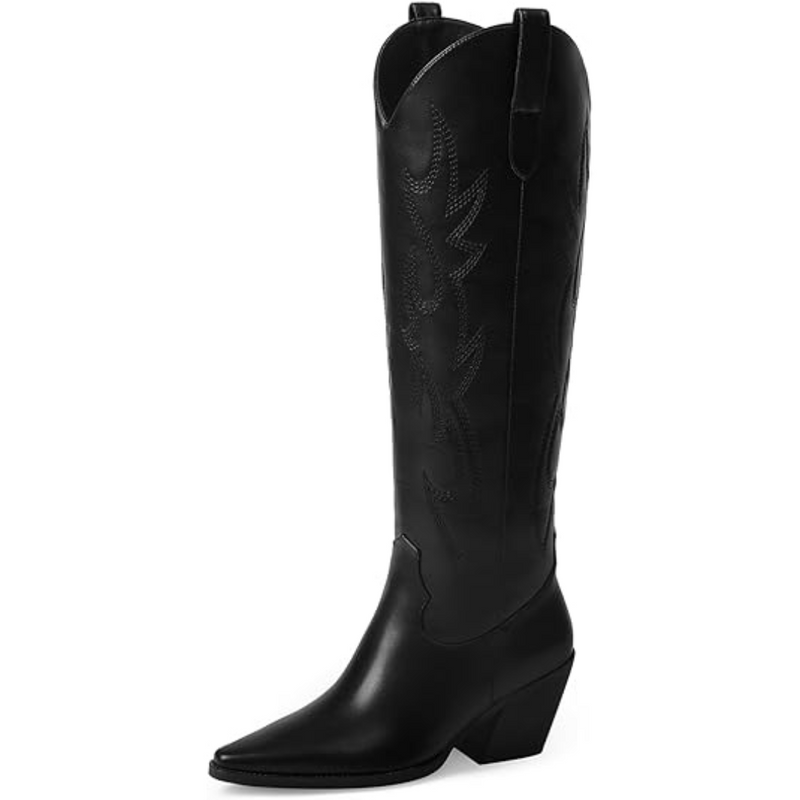 Knee-high Embroidered Suede & Faux Leather Cowboy Boots - Mary-Black PU-3-3.5-State of Style