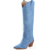 Knee-high Embroidered Suede & Faux Leather Cowboy Boots - Mary-Blue-3-3.5-State of Style