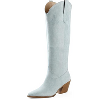 Knee-high Embroidered Suede & Faux Leather Cowboy Boots - Mary-Light blue-3-3.5-State of Style