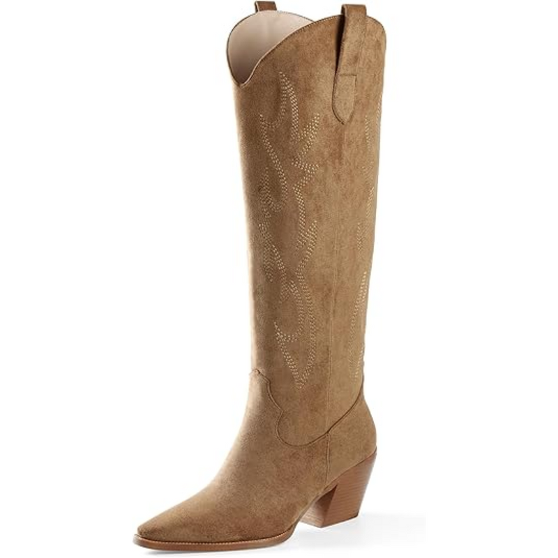 Knee-high Embroidered Suede & Faux Leather Cowboy Boots - Mary-Light brown-3-3.5-State of Style