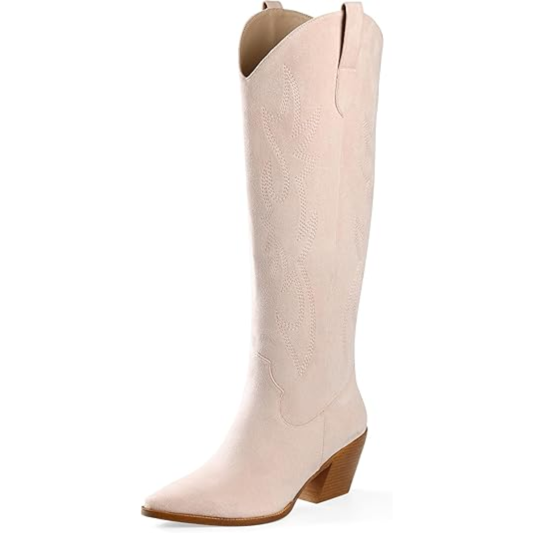 Knee-high Embroidered Suede & Faux Leather Cowboy Boots - Mary-Pink-3-3.5-State of Style