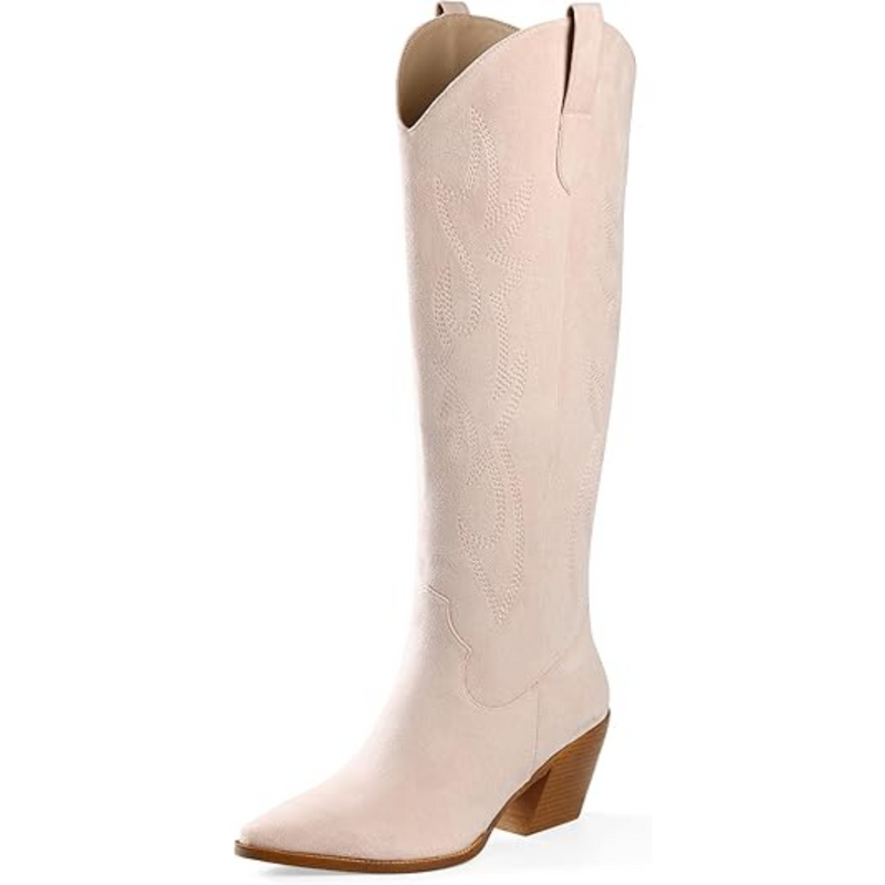 Knee-high Embroidered Suede & Faux Leather Cowboy Boots - Mary-Pink-3-3.5-State of Style