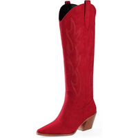 Knee-high Embroidered Suede & Faux Leather Cowboy Boots - Mary-Red-3-3.5-State of Style