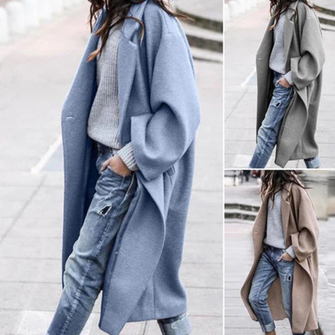 Knee-Length Winter Coat with Large Collar for Women - Mira-Blue-S-State of Style