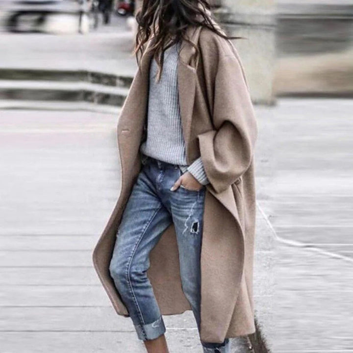 Knee-Length Winter Coat with Large Collar for Women - Mira-Khaki-S-State of Style