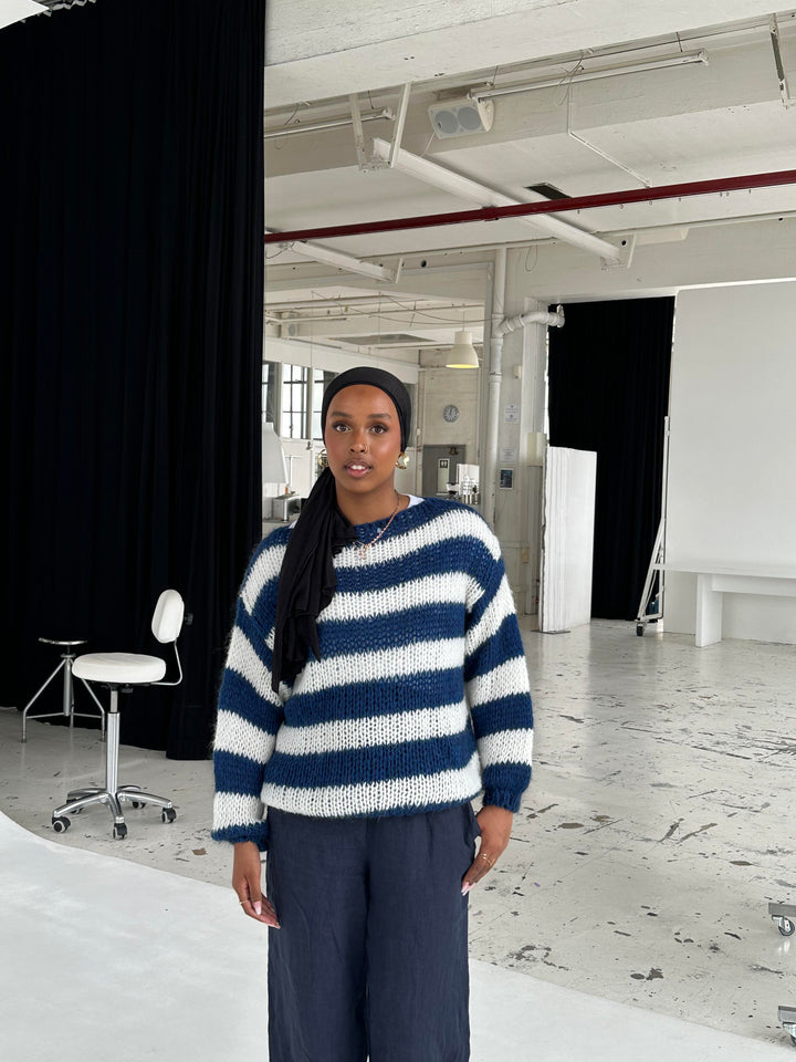 Knitted and Striped Oversized Women's Sweater - Harper-Blue and White-XS/S-State of Style