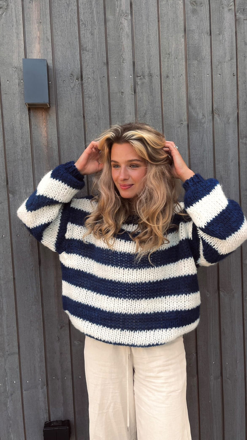 Knitted and Striped Oversized Women's Sweater - Harper-Blue and White-XS/S-State of Style