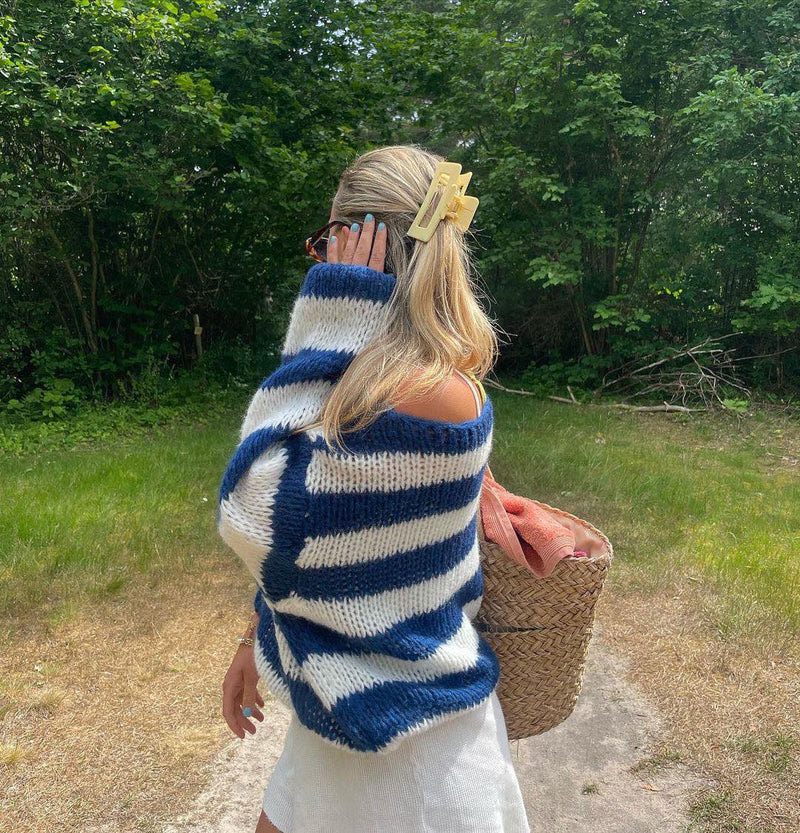 Knitted and Striped Oversized Women's Sweater - Harper-Blue and White-XS/S-State of Style