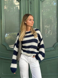 Knitted and Striped Oversized Women's Sweater - Harper-Blue and White-XS/S-State of Style