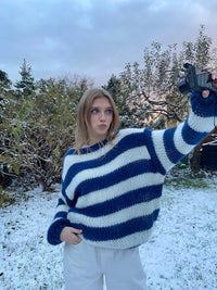 Knitted and Striped Oversized Women's Sweater - Harper-Blue and White-XS/S-State of Style