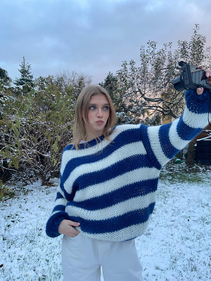 Knitted and Striped Oversized Women's Sweater - Harper-Blue and White-XS/S-State of Style