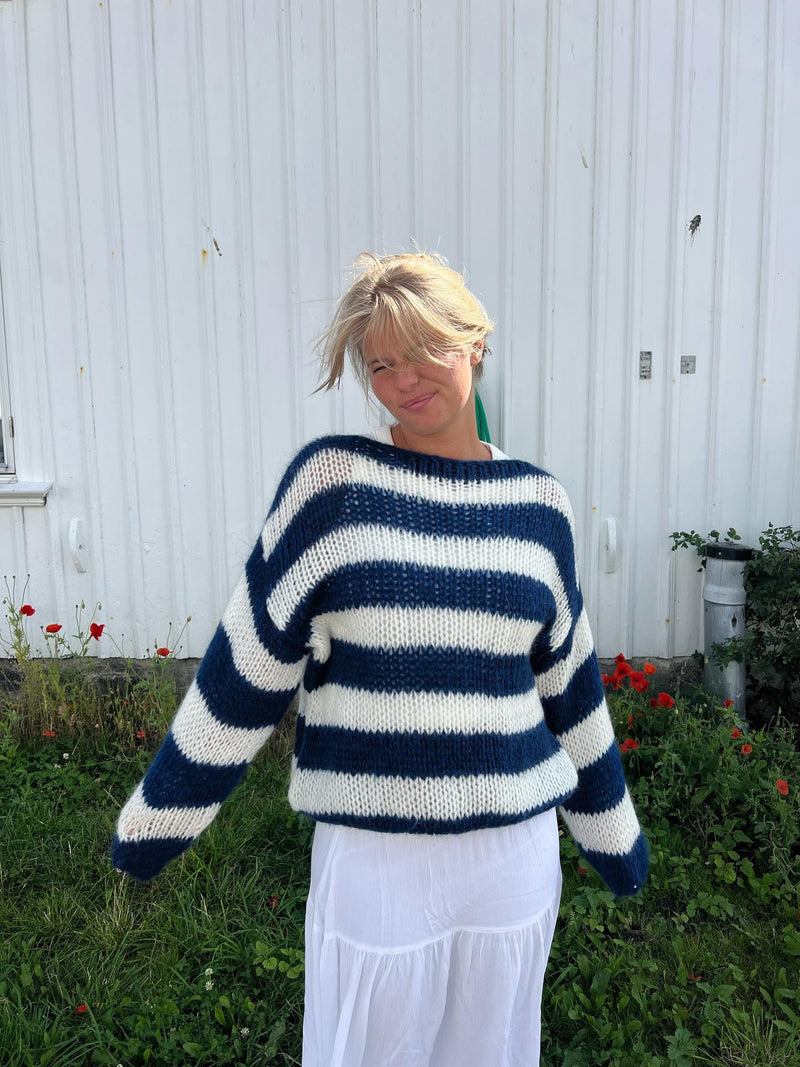 Knitted and Striped Oversized Women's Sweater - Harper-Blue and White-XS/S-State of Style