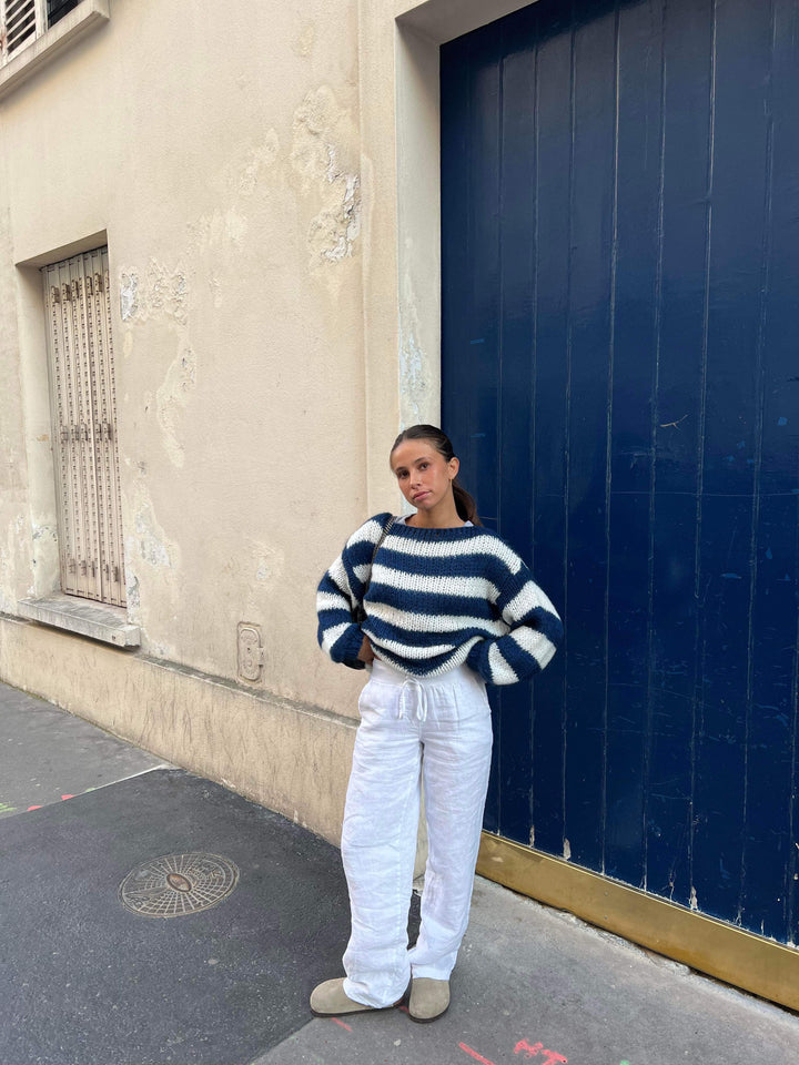 Knitted and Striped Oversized Women's Sweater - Harper-Blue and White-XS/S-State of Style