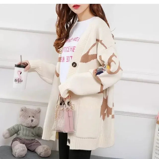 Knitted Cardigan with Playful Print and Button Closure - Nova-Beige-XS-State of Style
