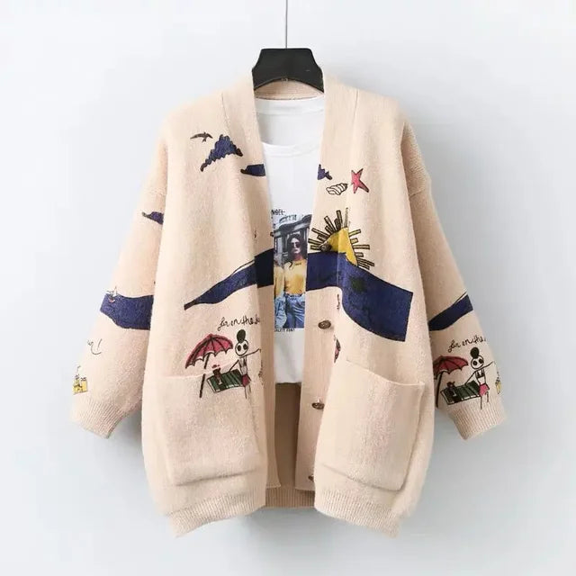 Knitted Cardigan with Playful Print and Button Closure - Nova-Blue-XS-State of Style