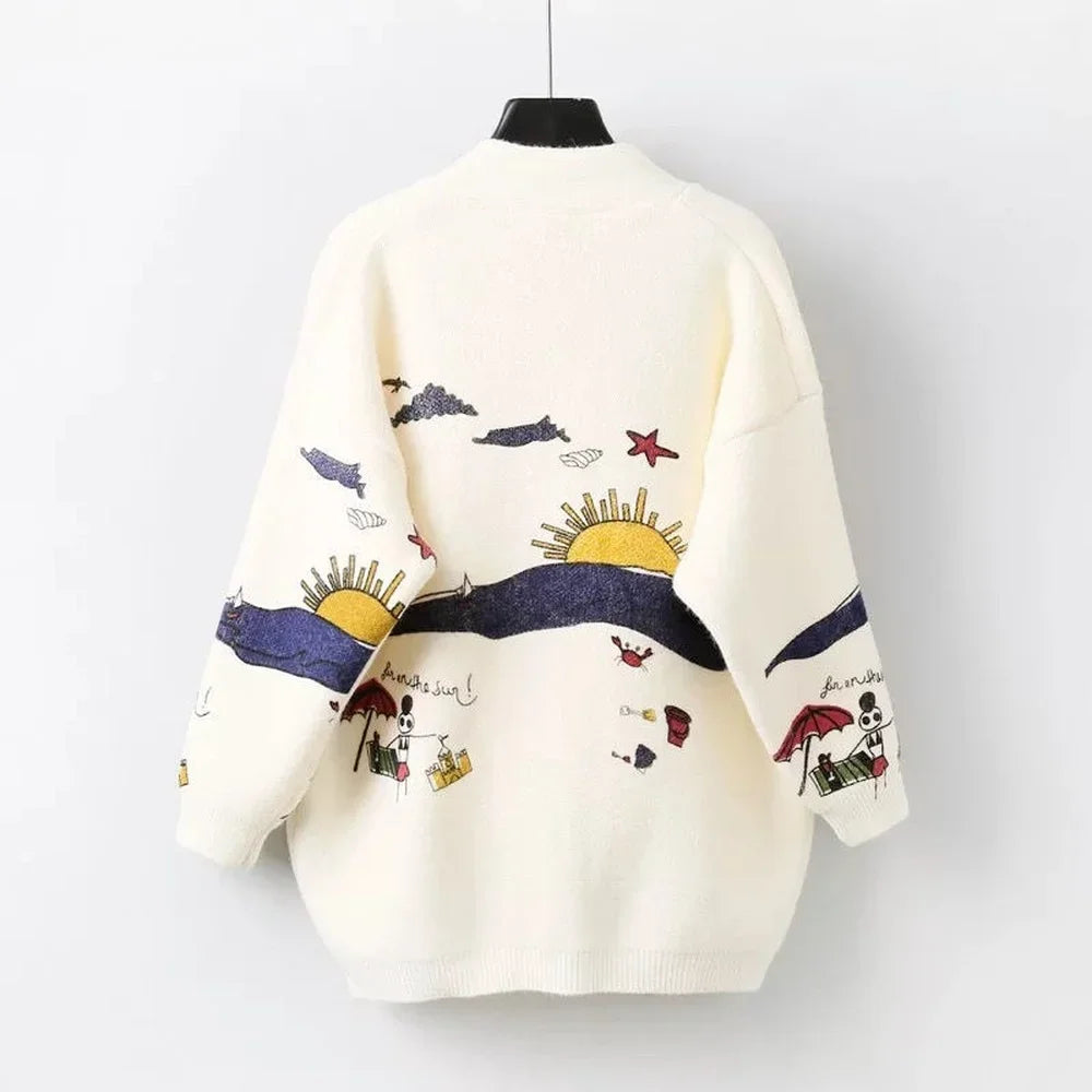 Knitted Cardigan with Playful Print and Button Closure - Nova-Blue-XS-State of Style