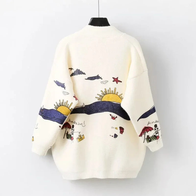 Knitted Cardigan with Playful Print and Button Closure - Nova-Blue-XS-State of Style
