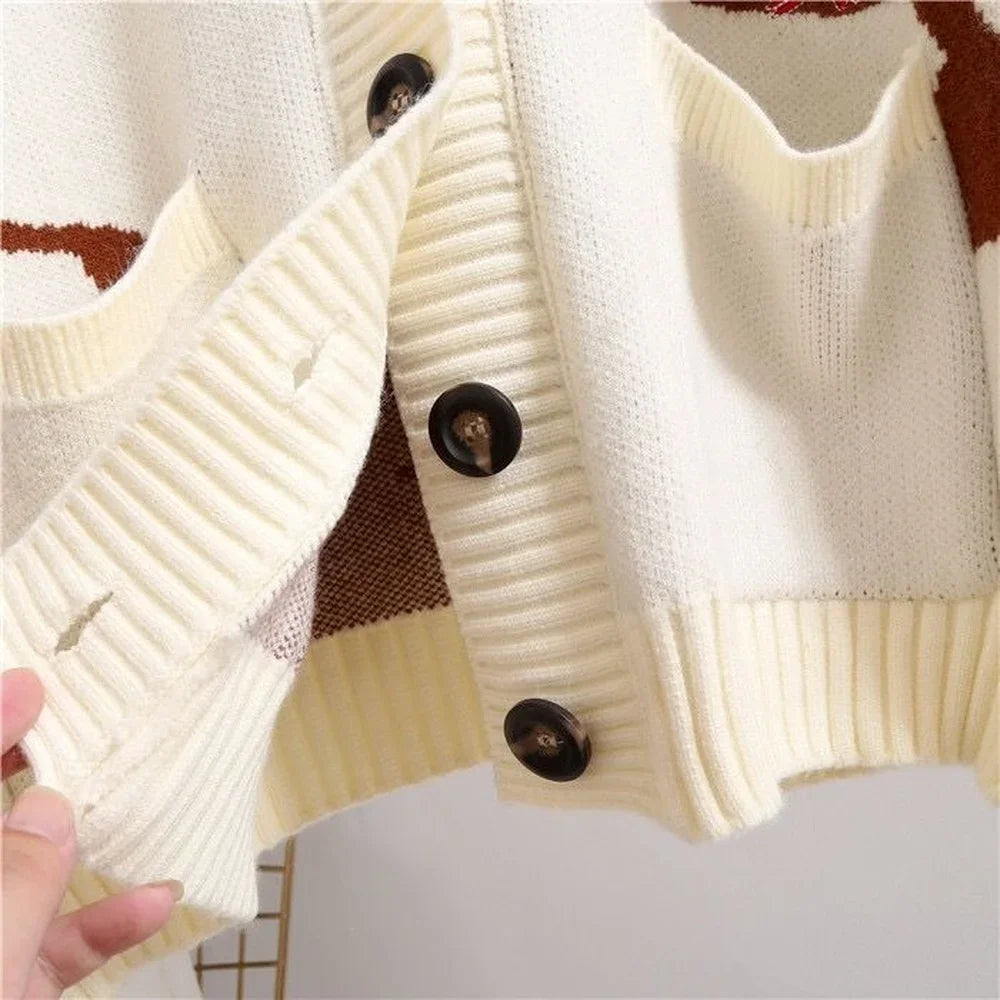 Knitted Cardigan with Playful Print and Button Closure - Nova-Blue-XS-State of Style