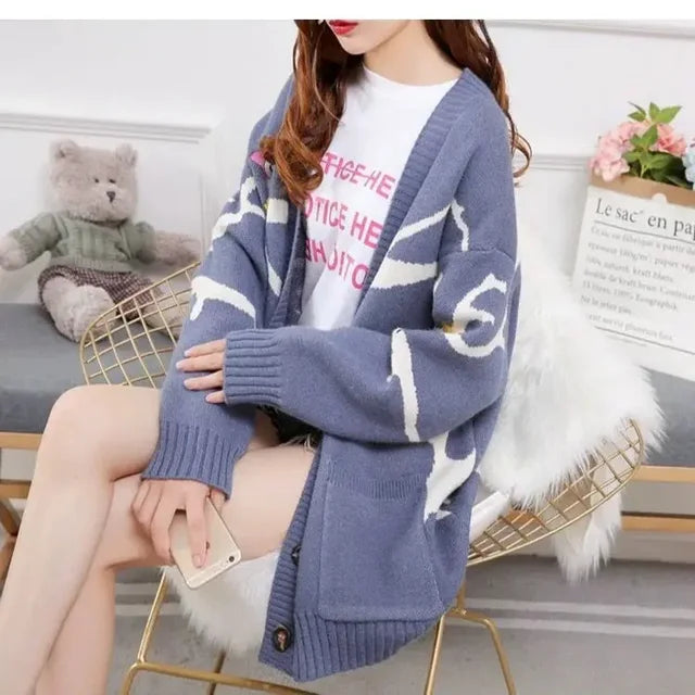 Knitted Cardigan with Playful Print and Button Closure - Nova-Blue-XS-State of Style
