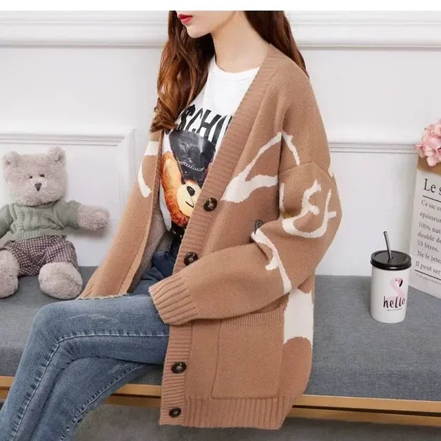 Knitted Cardigan with Playful Print and Button Closure - Nova-Brown-XS-State of Style