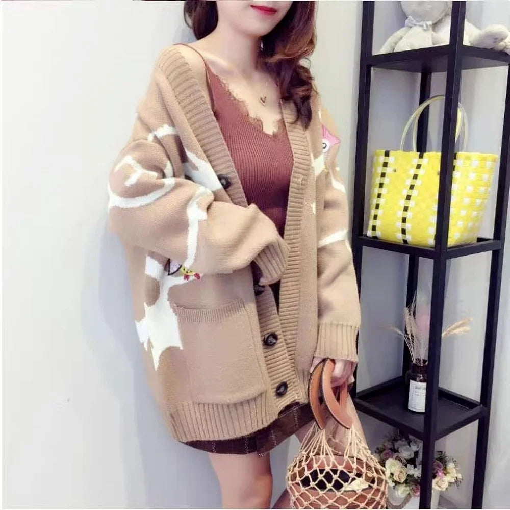 Knitted Cardigan with Playful Print and Button Closure - Nova-Khaki-XS-State of Style