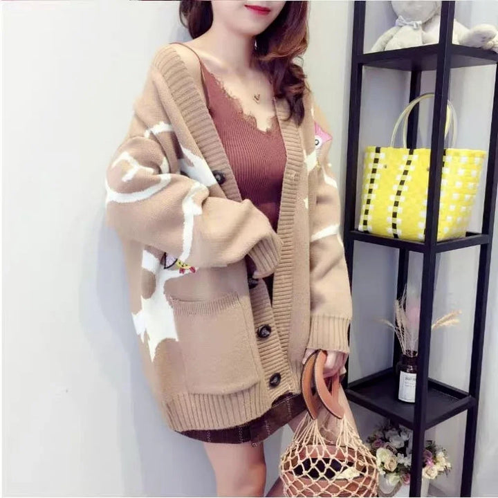 Knitted Cardigan with Playful Print and Button Closure - Nova-Khaki-XS-State of Style