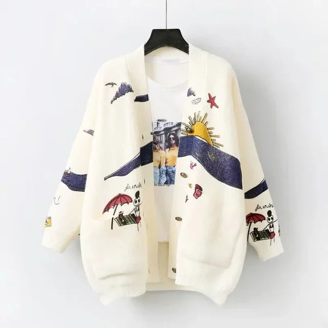 Knitted Cardigan with Playful Print and Button Closure - Nova-White-XS-State of Style