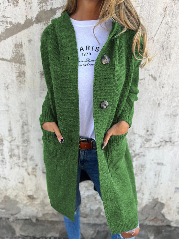 Knitted Long Ladies' Cardigan with Hood - Liv-Green-S-State of Style