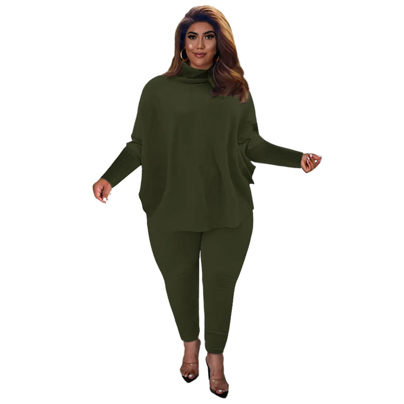 Knitted Plus-Size 2-Piece Lounge Set-Army Green-L-State of Style