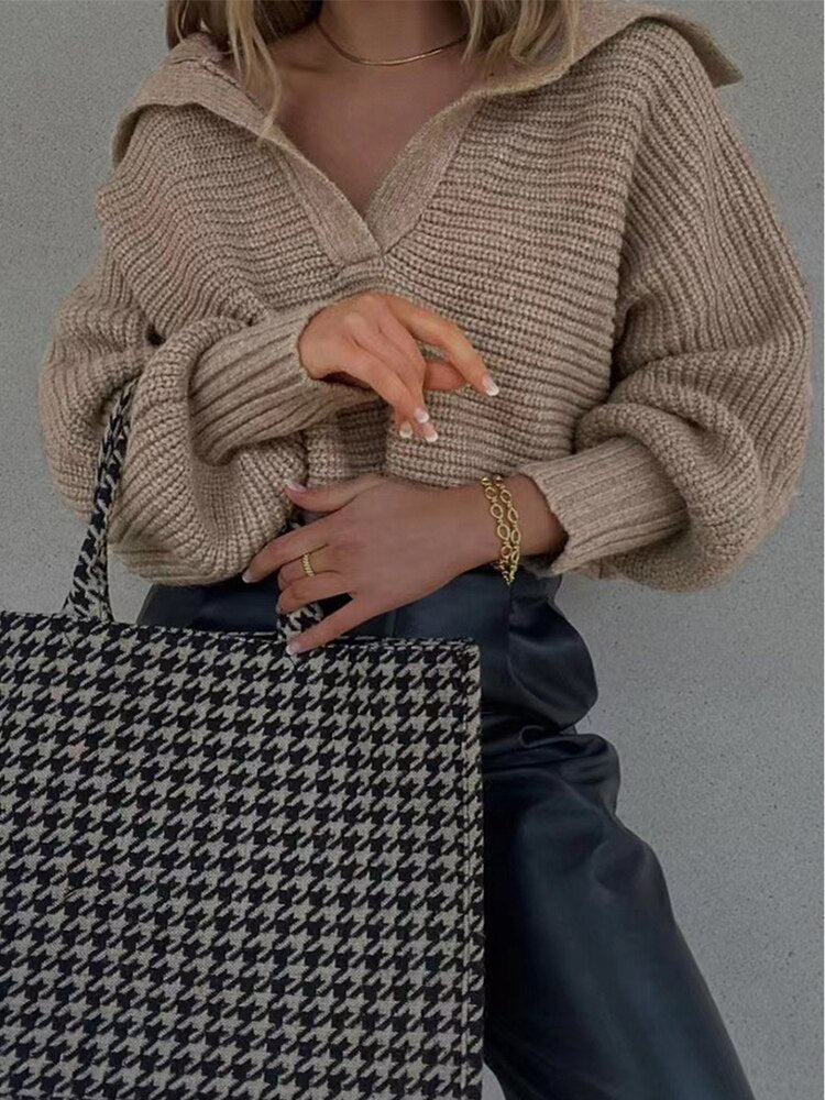 Knitted V-Neck Jumper - Isolde-Khaki-S-State of Style