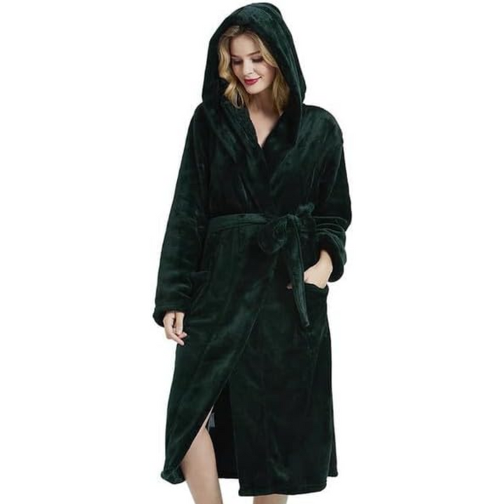 Ladies Fleece Bathrobe with Hood – Vivianne-Dark green-S-M-State of Style