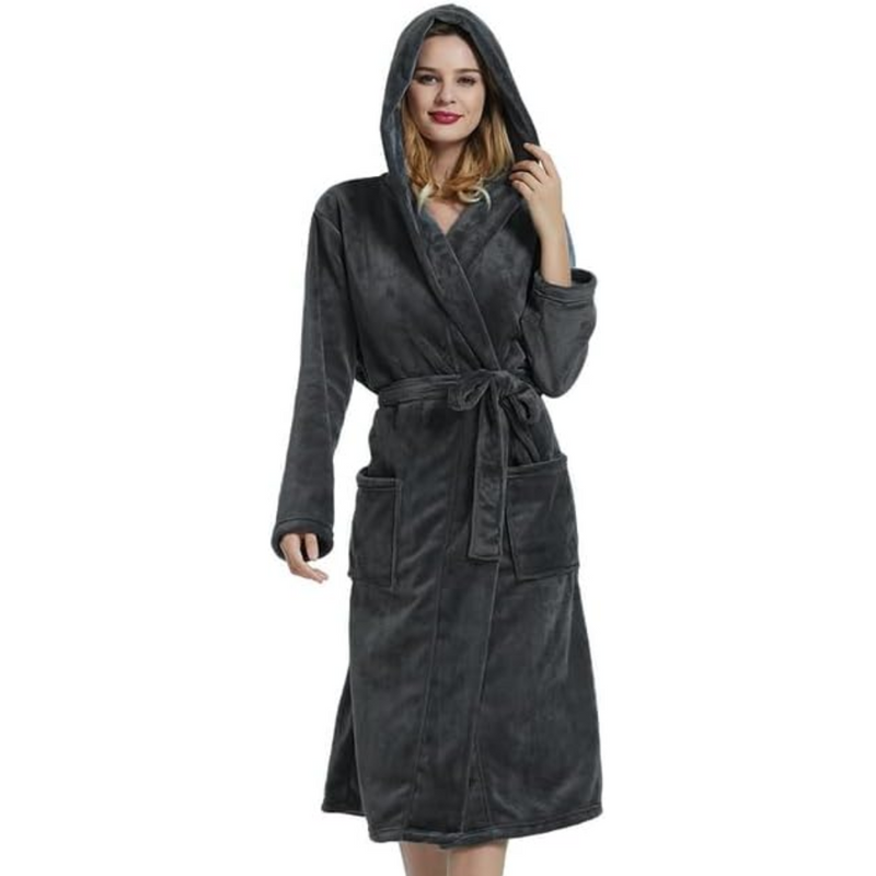 Ladies Fleece Bathrobe with Hood – Vivianne-Dark grey-S-M-State of Style