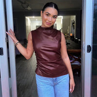 Ladies' sleeveless leather top in burgundy with a fitted silhouette – Nila-Bordeaux red-XS-State of Style