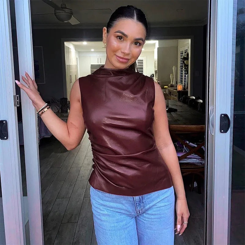 Ladies' sleeveless leather top in burgundy with a fitted silhouette – Nila-Bordeaux red-XS-State of Style