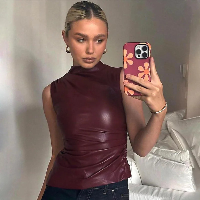 Ladies' sleeveless leather top in burgundy with a fitted silhouette – Nila-Bordeaux red-XS-State of Style