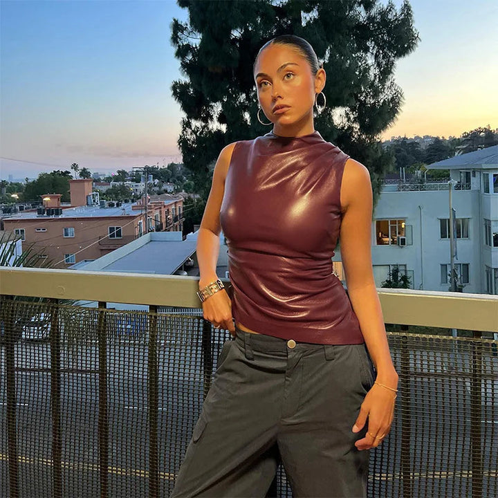 Ladies' sleeveless leather top in burgundy with a fitted silhouette – Nila-Bordeaux red-XS-State of Style