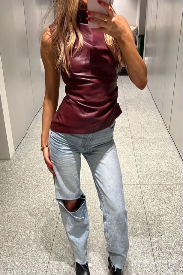 Ladies' sleeveless leather top in burgundy with a fitted silhouette – Nila-Bordeaux red-XS-State of Style