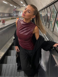 Ladies' sleeveless leather top in burgundy with a fitted silhouette – Nila-Bordeaux red-XS-State of Style