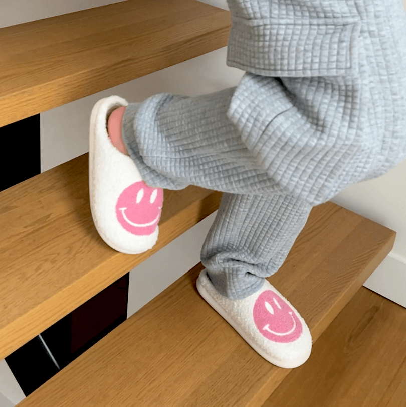 Ladies Slippers - CheerUp-White with Yellow Smiley-2.5-3.5-State of Style