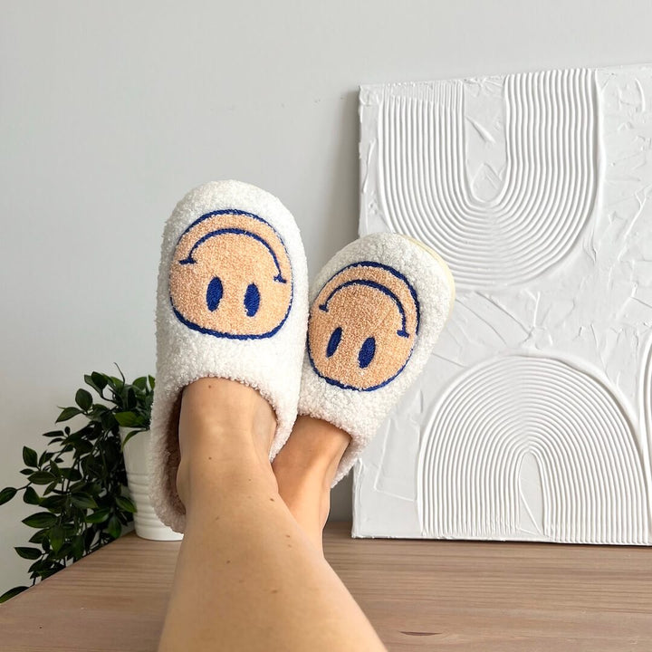 Ladies Slippers - CheerUp-White with Yellow Smiley Retro-2.5-3.5-State of Style