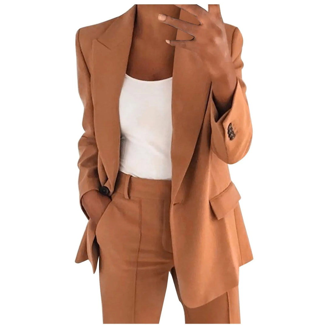 Ladies' Suit Set with Blazer and Trousers in Plain Colour - MiraSet-Khaki-S-State of Style