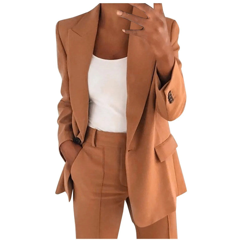 Ladies' Suit Set with Blazer and Trousers in Plain Colour - MiraSet-Khaki-S-State of Style