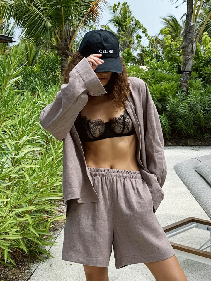 Ladies Summer Two-Piece Trouser & Top – Léonie-Khaki shorts-S-State of Style