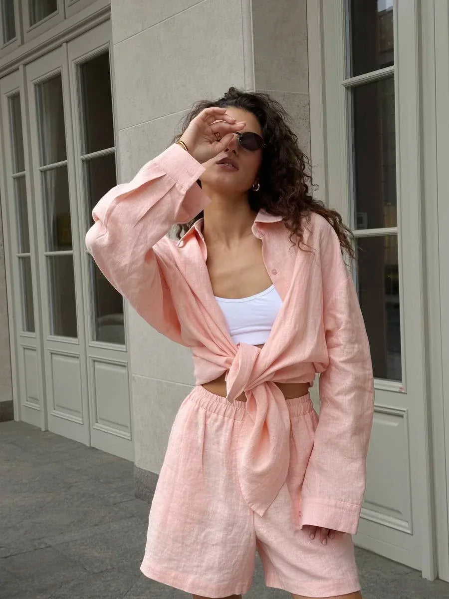 Ladies Summer Two-Piece Trouser & Top – Léonie-Light pink Short-S-State of Style