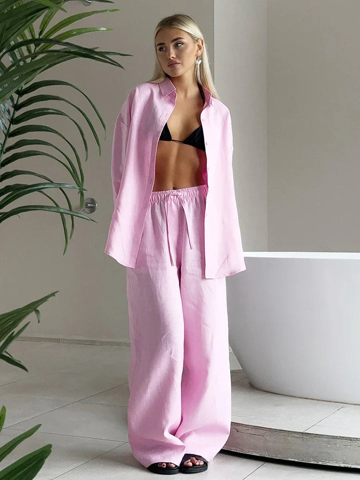 Ladies Summer Two-Piece Trouser & Top – Léonie-Pink Long-S-State of Style