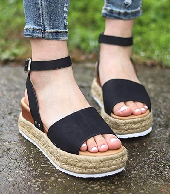 Ladies' wedge espadrille sandals with strap - Livia-Black-3-State of Style